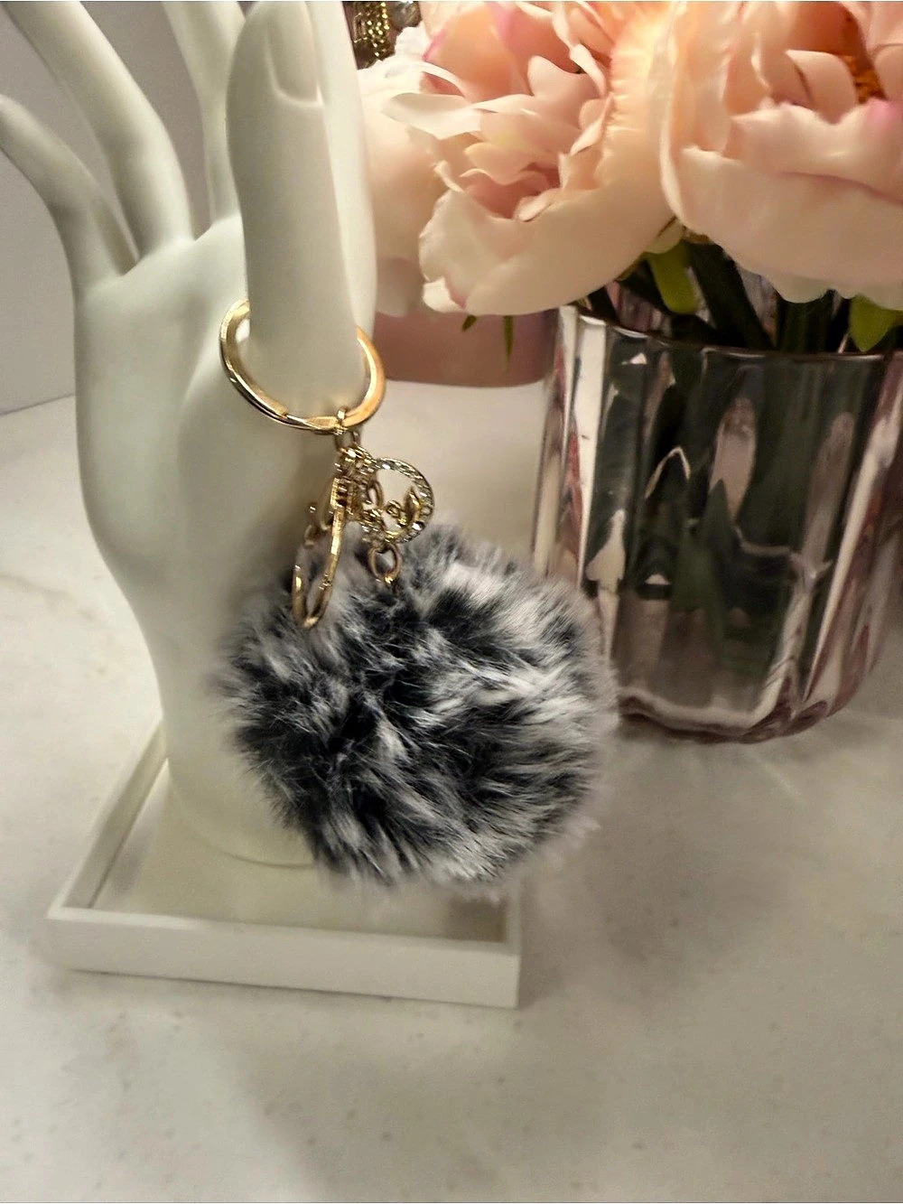 Gray Faux Fur Pom Keychain Bag Charm with swan 🦢 charm 💕 NWOT